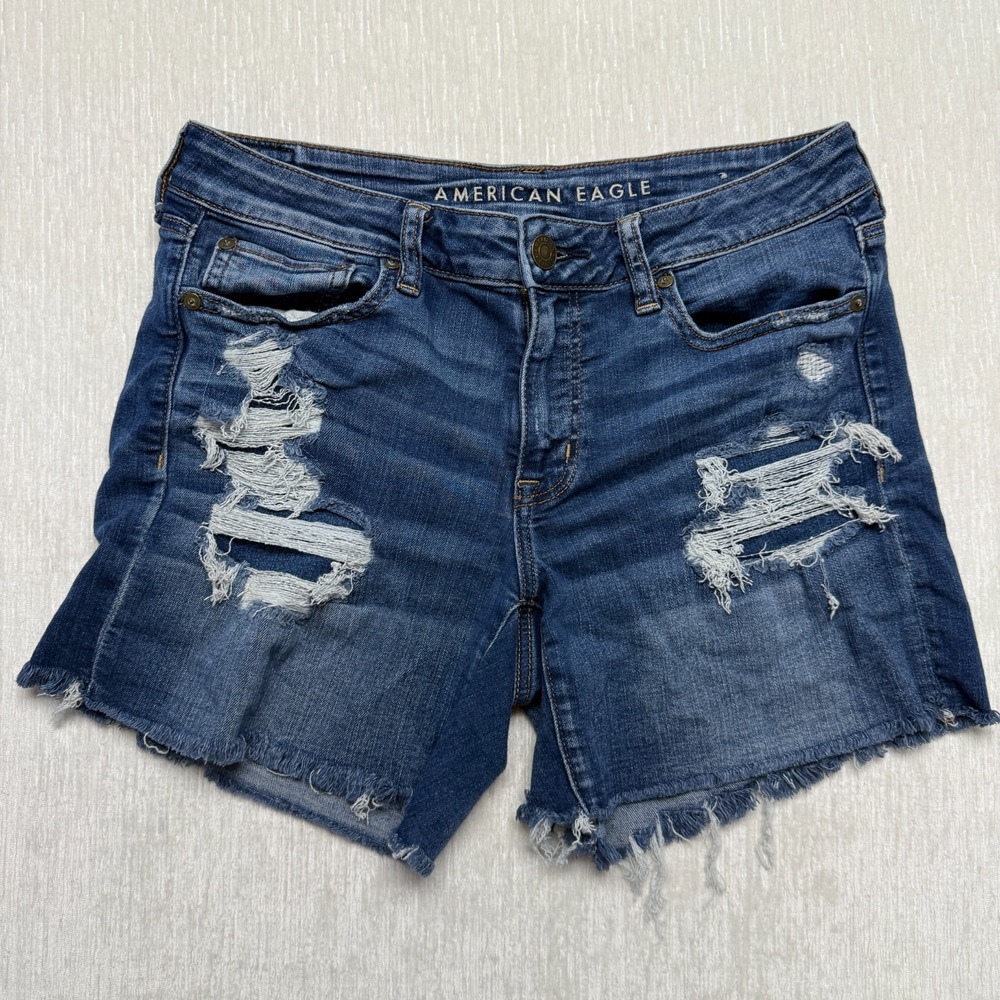 American Eagle Midi Cutoff Shorts Womens 8 Blue Cotton Distressed Stretch